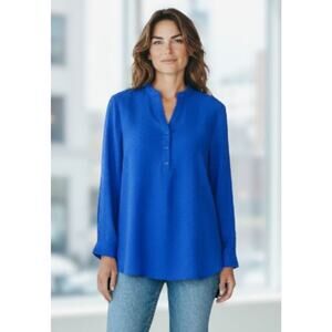 Paradis Forever Large L Long-Sleeve Tunic Blue Button-Up V-Neck Textured Blouse
